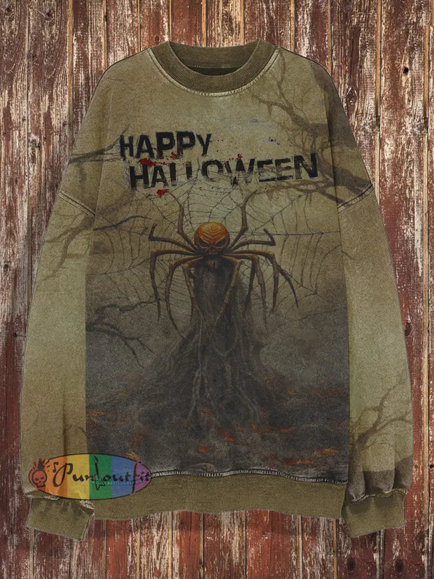 Unisex Halloween Spider Retro Printed Round Neck Casual Long Sleeved Sweatshirt Brown / S