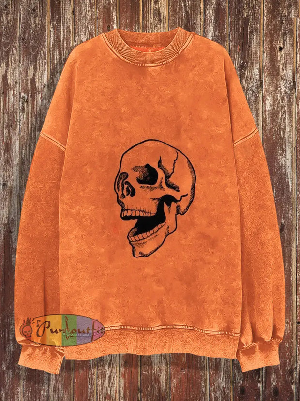 Unisex Happy Skull Print Crew Neck Casual Sweatshirt Orange / S