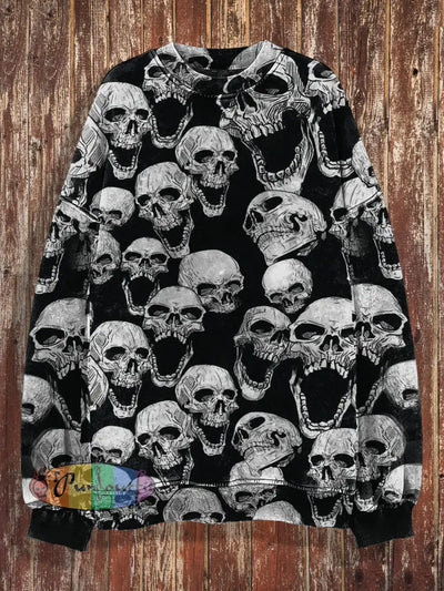 Unisex Happy Skulls Print Halloween Crew Neck Casual Sweatshirt Black / S