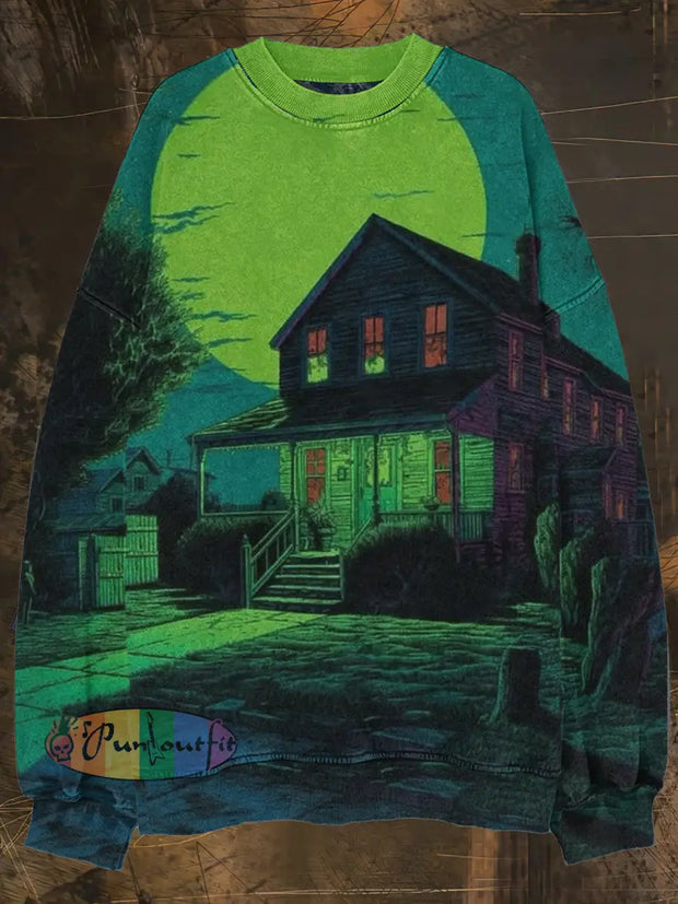 Unisex Haunted House Print Halloween Crew Neck Casual Sweatshirt Green / S