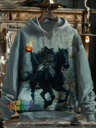 Unisex Headless Horseman Pumpkin Print Hooded Sweatshirt With Pocket Colorful / S