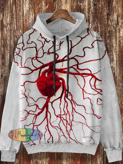 Unisex Heart Vein Retro Printed Casual Loose Long Sleeved Hooded Sweatshirt White / S