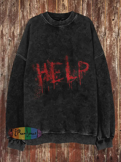 Unisex Help Print Halloween Crew Neck Casual Sweatshirt Black / S