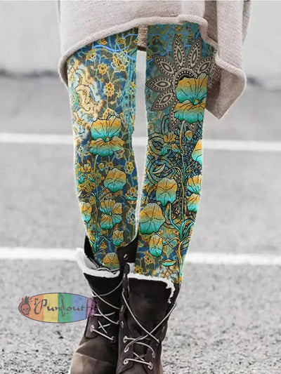 Unisex Hippie Floral Art Abstract Print Casual Leggings Green / S