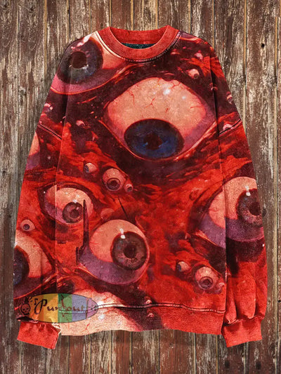 Unisex Horror Eyes Print Halloween Crew Neck Casual Sweatshirt Red / S