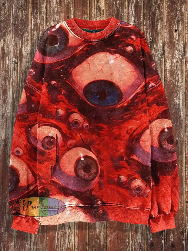 Unisex Horror Eyes Print Halloween Crew Neck Casual Sweatshirt Red / S