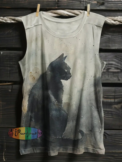 Unisex Horror Lonely Cat Art Print Tank Top Gray / S