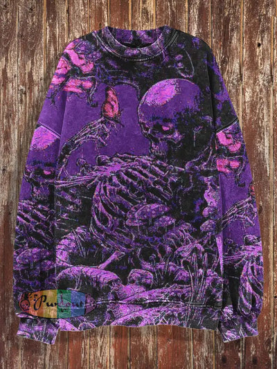 Unisex Horror Skull Print Halloween Crew Neck Casual Sweatshirt Purple / S