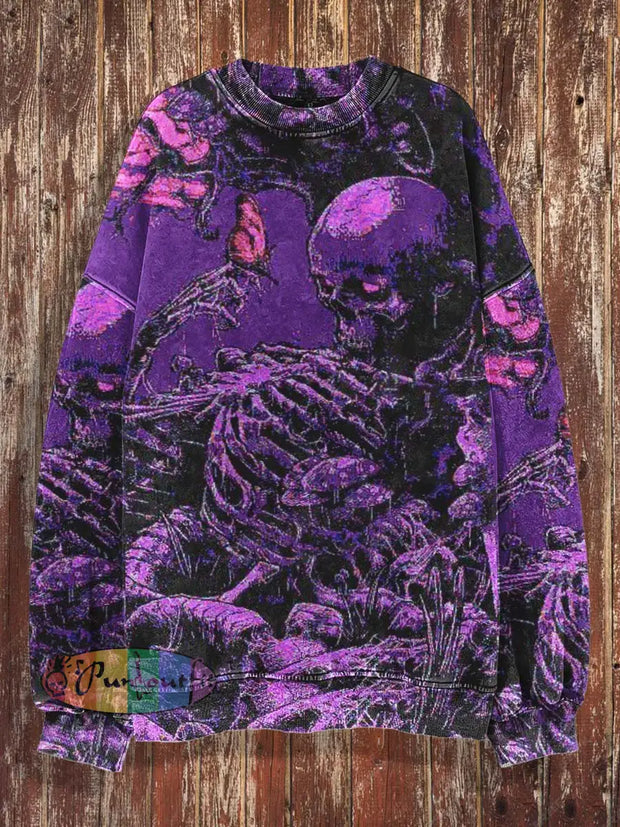 Unisex Horror Skull Print Halloween Crew Neck Casual Sweatshirt Purple / S