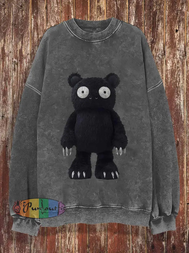 Unisex Horror Violent Bear Toy Print Crew Neck Casual Sweatshirt Gray / S