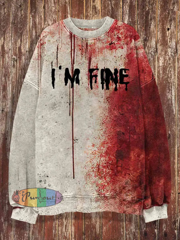 Unisex I`m Fine Print Halloween Crew Neck Casual Sweatshirt Colorful / S