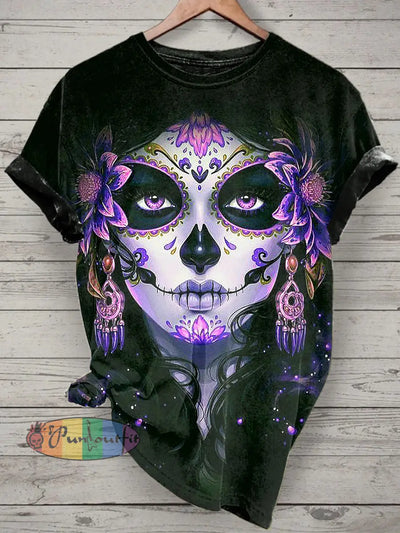 Unisex La Catrina Printed Vintage Fashion Loose Short Sleeve T-Shirt Black / S