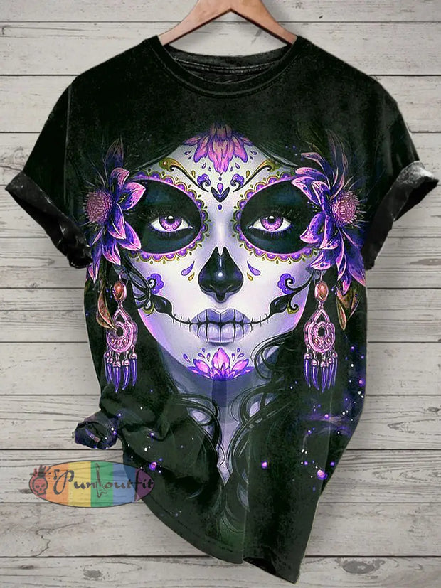 Unisex La Catrina Printed Vintage Fashion Loose Short Sleeve T-Shirt Black / S