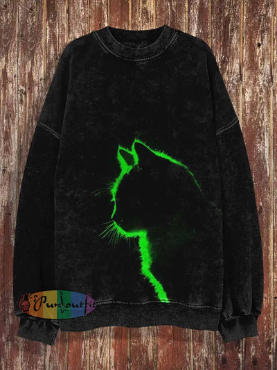 Unisex Lighting Cat Print Halloween Crew Neck Casual Sweatshirt Black / S