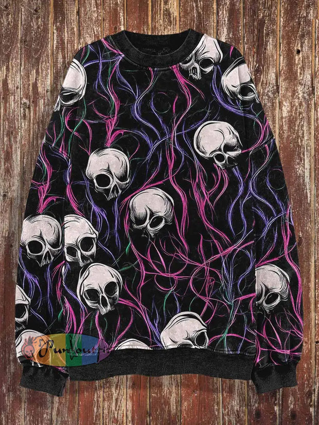 Unisex Lighting Skull Print Halloween Crew Neck Casual Sweatshirt Black / S