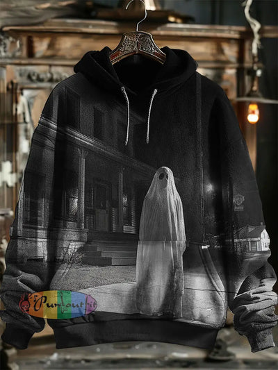 Unisex Lonly Ghost Print Halloween Hooded Sweatshirt With Pocket Black / S