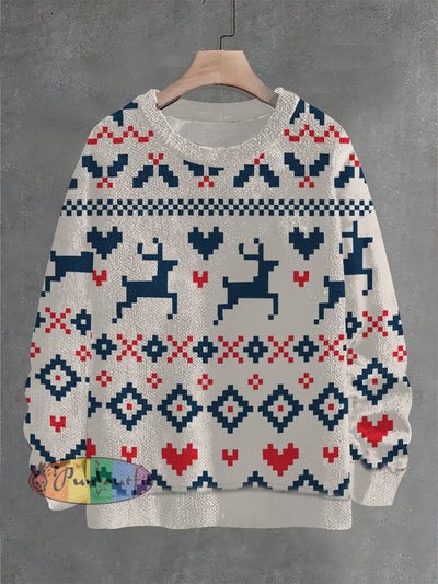 Unisex Love Reindeer Christmas Print Crew Neck Sweater White / S