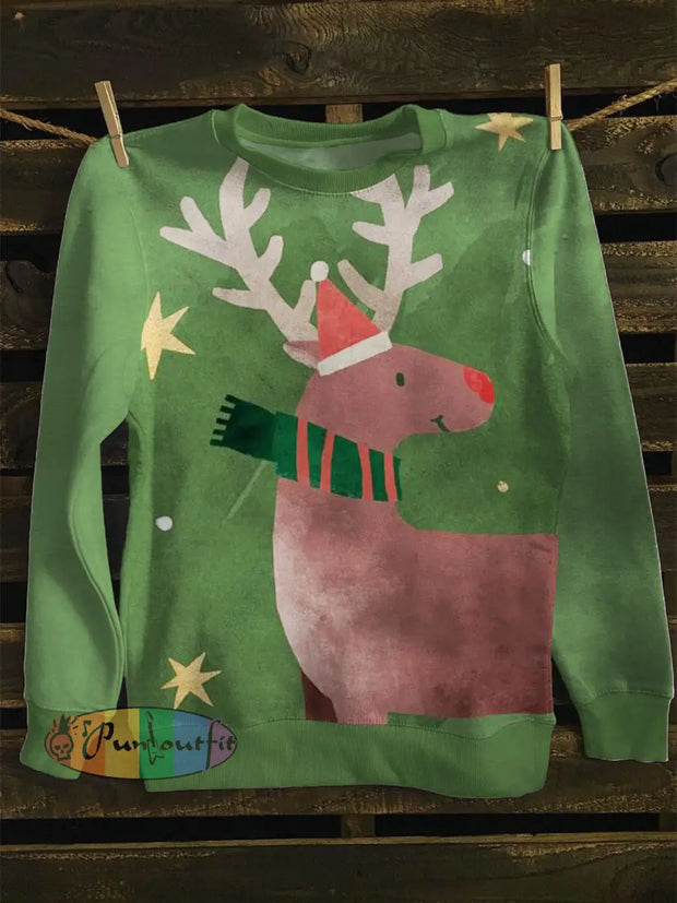 Unisex Lovely Reindeer Print Long Sleeve Sweatshirt Green / S