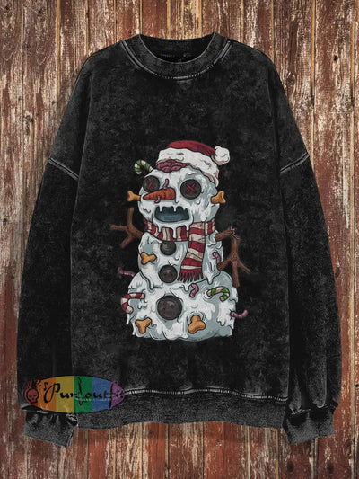 Unisex Melting Snowman Print Halloween Crew Neck Casual Sweatshirt Black / S