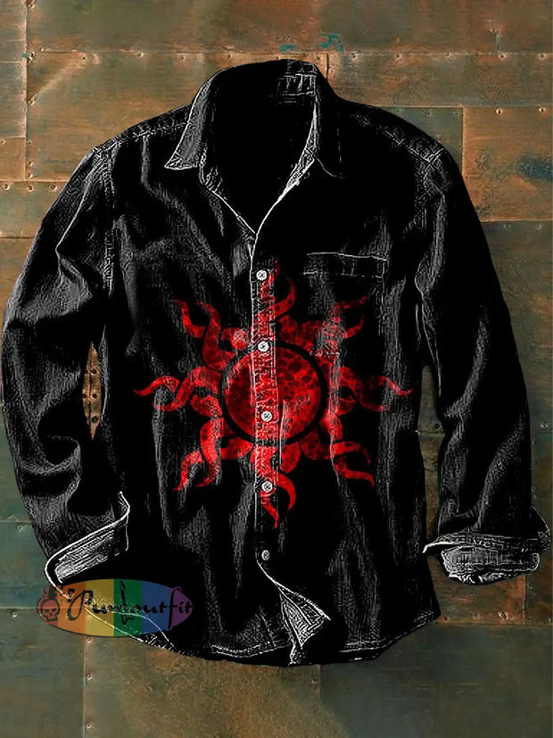 Unisex Men’s Retro Dark Punk Red Sun Abstract Print Casual Long Sleeve Shirt Black / S