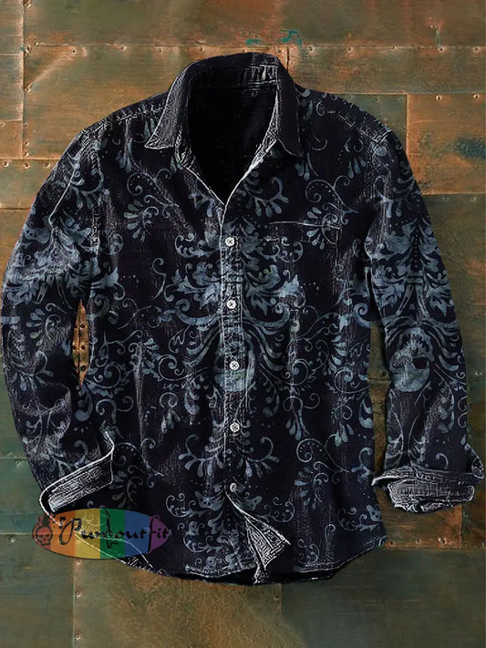 Unisex Men’s Retro Graphic Print Casual Long Sleeve Shirt Navy Blue / S
