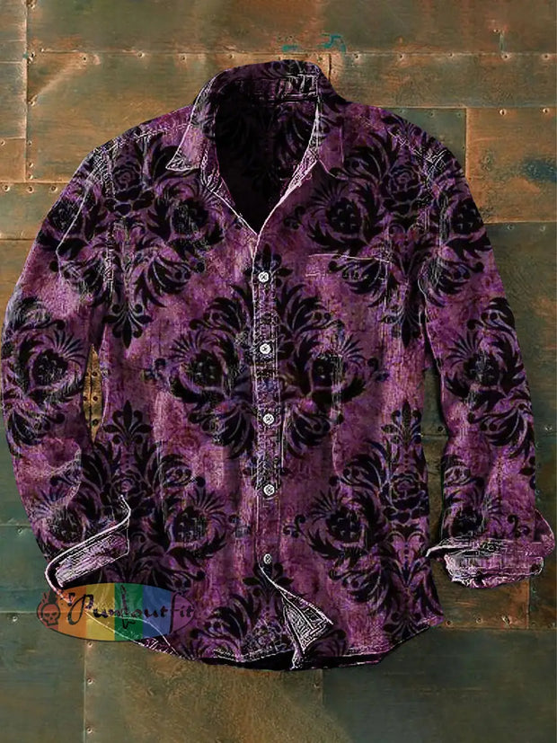 Unisex Men’s Retro Graphic Print Casual Long Sleeve Shirt Purple / S