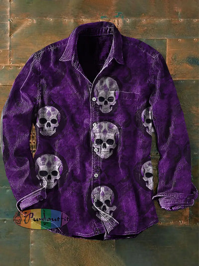 Unisex Men’s Retro Punk Day Of The Dead Skulls Abstract Print Casual Long Sleeve Shirt Purple / S