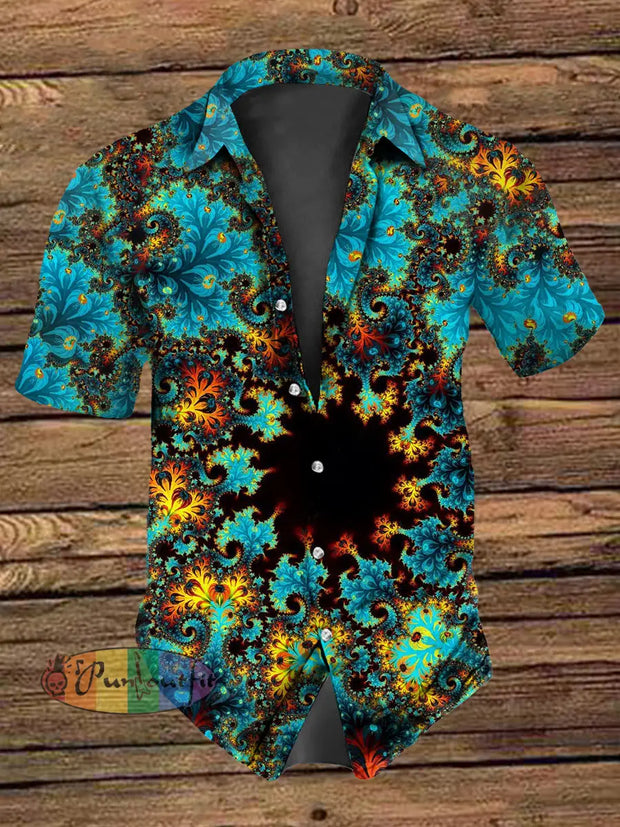 Unisex Men’s Retro Vintage Punk Colorful Swirls Trippy Fractal Art Print Casual Cotton Short Sleeve Shirt
