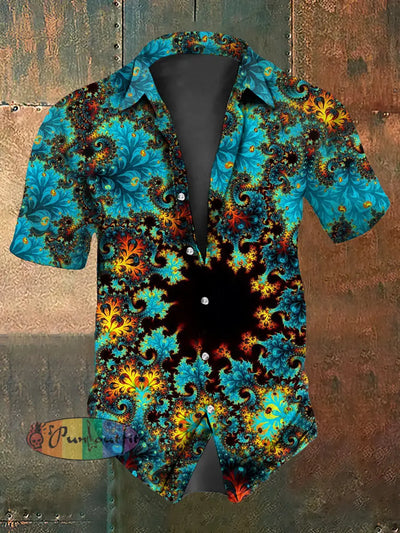 Unisex Men’s Retro Vintage Punk Colorful Swirls Trippy Fractal Art Print Casual Cotton Short Sleeve Shirt As picture / S