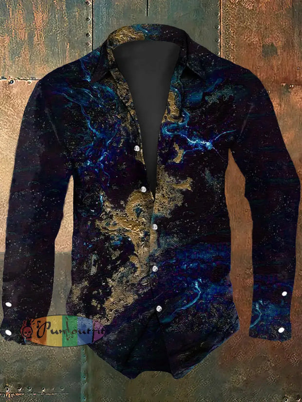 Unisex Men’s Vintage Abstract Blue & Gold Print Casual Cotton Long Sleeve Shirt Navy / S