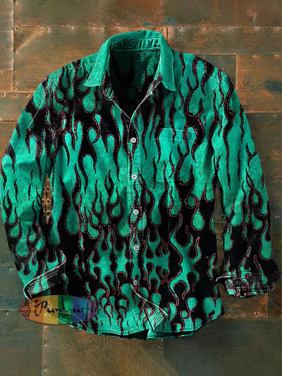 Unisex Men’s Vintage Art Design Abstract Print Casual Long Sleeve Shirt Green / S