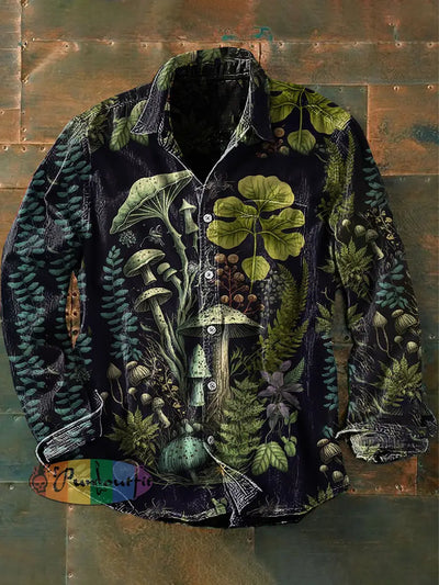 Unisex Men’s Vintage Botanical Floral Mushroom Abstract Print Casual Long Sleeve Shirt As picture / S