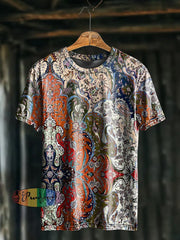 Unisex Men’s Vintage Colorful Floral Patchwork Art Abstract Print Casual Cotton Short Sleeve T-Shirt As picture / S