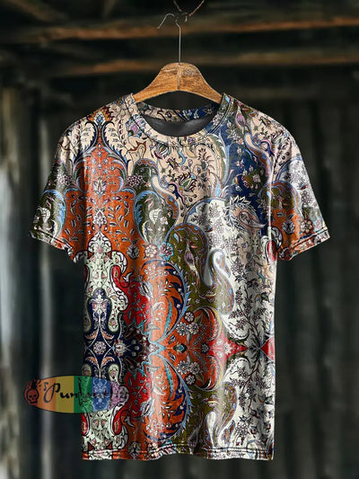 Unisex Men’s Vintage Colorful Floral Patchwork Art Abstract Print Casual Cotton Short Sleeve T-Shirt As picture / S