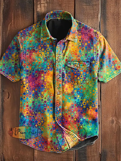 Unisex Men’s Vintage Colorful Geometric Color Block Art Abstract Print Casual Short Sleeve Pocket Shirt As picture / S