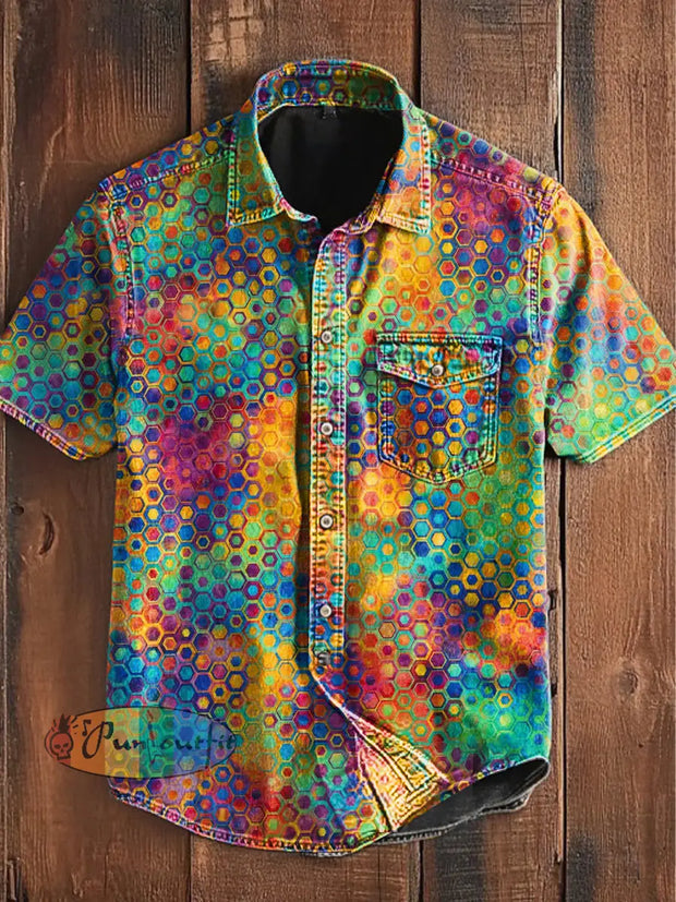 Unisex Men’s Vintage Colorful Geometric Color Block Art Abstract Print Casual Short Sleeve Pocket Shirt As picture / S