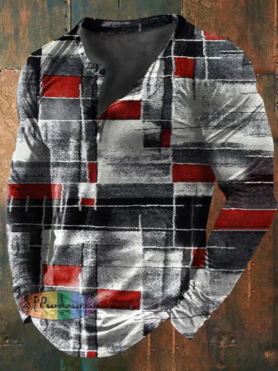 Unisex Men’s Vintage Colorful Geometric Color Block Art Print Casual Cotton Long Sleeve Button T-Shirt Gray / S