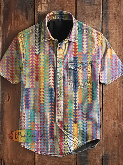 Unisex Men’s Vintage Colorful Geometric Colorblock Art Abstract Print Casual Short Sleeve Pocket Shirt As picture / S