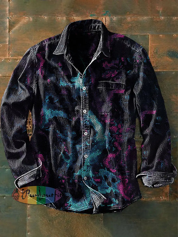 Unisex Men’s Vintage Colorful Gradient Texture Abstract Print Casual Long Sleeve Shirt Black / S