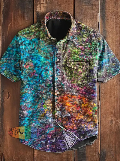 Unisex Men’s Vintage Colorful Graffiti Swirl Art Abstract Print Casual Short Sleeve Pocket Shirt As picture / S