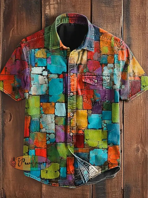 Unisex Men’s Vintage Colorful Mottled Aged Colored Squares Abstract Print Casual Short Sleeve Pocket Shirt As picture