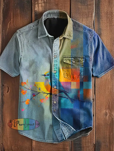 Unisex Men’s Vintage Colorful Oil Painting Abstract Texture Bird Fun Art Abstract Print Casual Short Sleeve Pocket