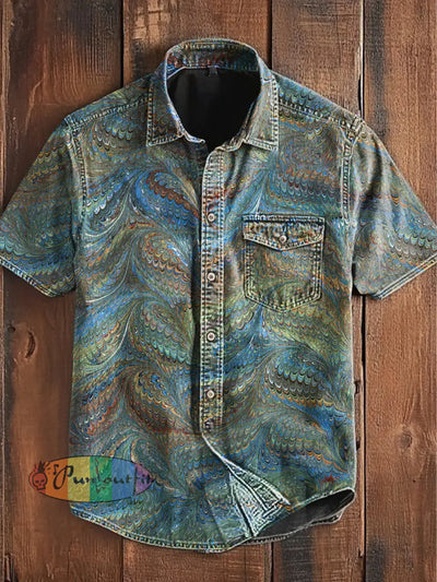 Unisex Men’s Vintage Colorful Peacock Feather Art Abstract Print Casual Short Sleeve Pocket Shirt Green / S