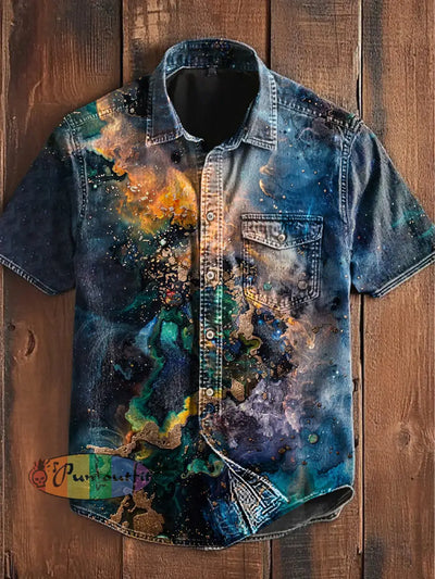 Unisex Men’s Vintage Colorful Ripple Clash Art Abstract Print Casual Short Sleeve Pocket Shirt Blue / S