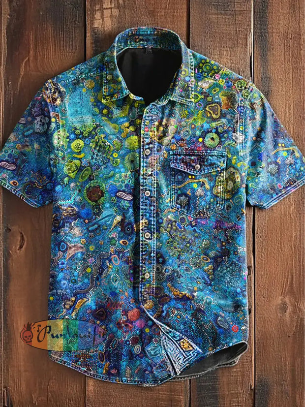 Unisex Men’s Vintage Colorful Sea Life Art Abstract Print Casual Short Sleeve Pocket Shirt Blue / S