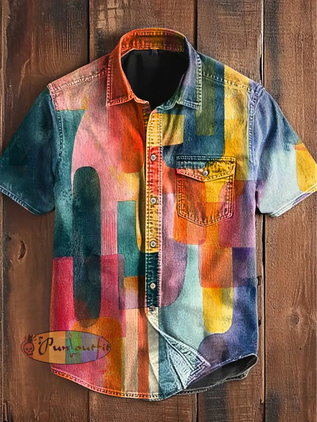 Unisex Men’s Vintage Colorful Silent Art Matisse Style Art Abstract Print Casual Short Sleeve Pocket Shirt As picture