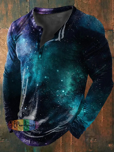 Unisex Men’s Vintage Colorful Star Gradient Art Print Casual Cotton Long Sleeve Button T-Shirt Blue / S