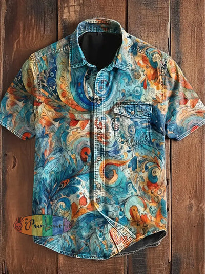 Unisex Men’s Vintage Colorful Swirl Art Abstract Print Casual Short Sleeve Pocket Shirt Blue / S