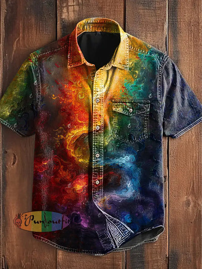 Unisex Men’s Vintage Colorful Swirl Magic Dragon Art Abstract Print Casual Short Sleeve Pocket Shirt As picture / S