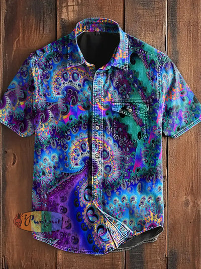 Unisex Men’s Vintage Colorful Swirls Trippy Fractal Art Abstract Print Casual Short Sleeve Pocket Shirt Blue / S